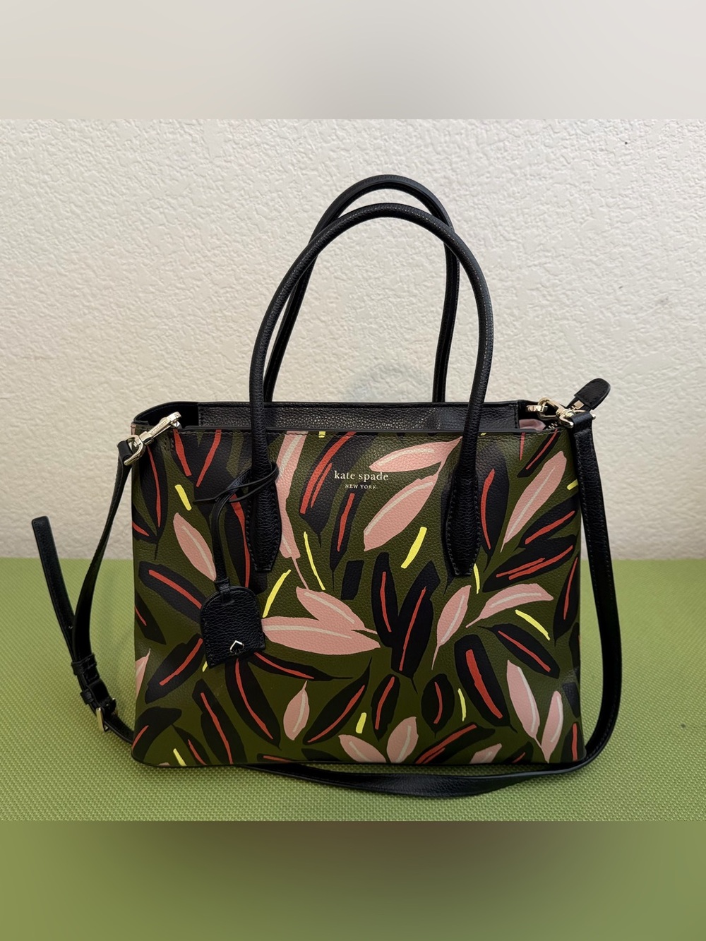 kate spade Olive Floral Satchel with Black Trim